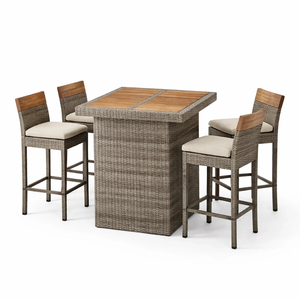 Rattan-Gartenmöbel-Set mit Teak-Tischplatte und 4 Hockern, Grau-furnzora