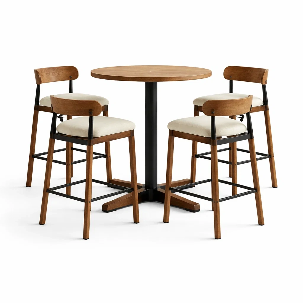 Essgruppe mit Rundtisch und 4 Stühlen aus Holz und Metall Beige-furnzora