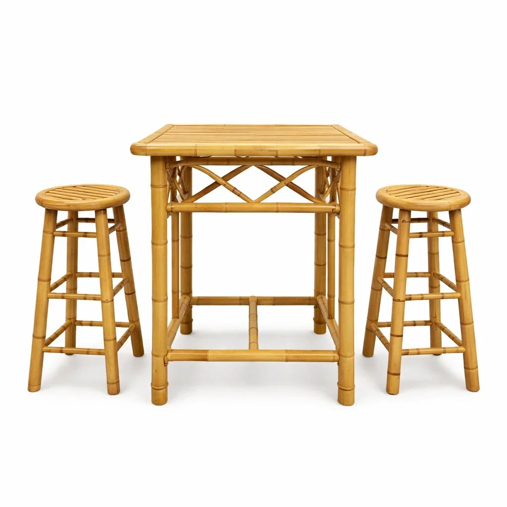Bambus Bar-Set mit Tisch und 2 Hockern-furnzora