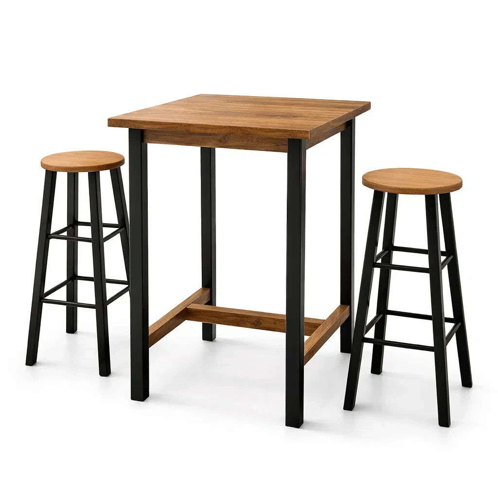 Bartisch-Set aus Holz und Metall Braun/Schwarz mit 2 Hockern-furnzora
