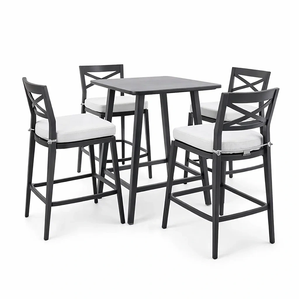 Aluminium Garten-Bar-Set mit Tisch und 4 Hochstühlen Schwarz Weiß-furnzora