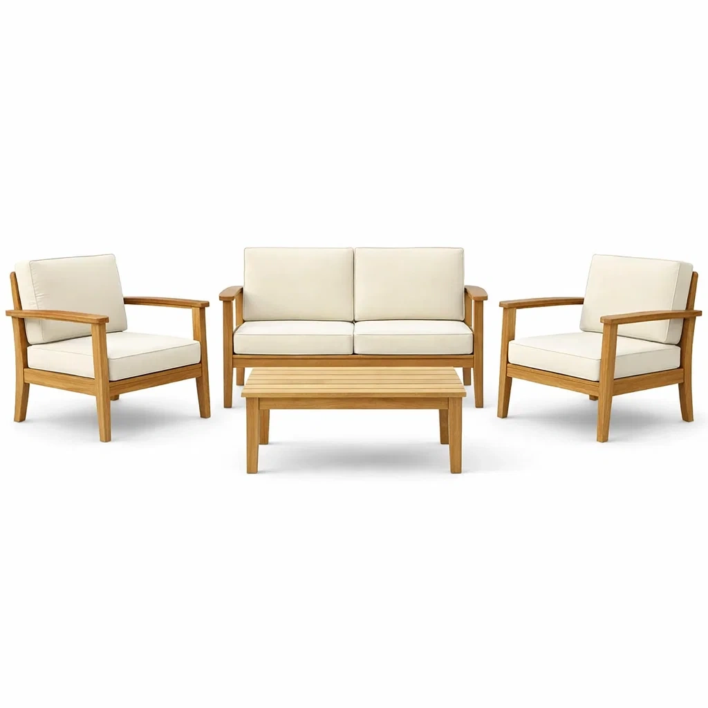 Holz Gartenmöbel-Set mit 2-Sitzer Sofa, 2 Sesseln und Couchtisch, Cremeweiß-furnzora