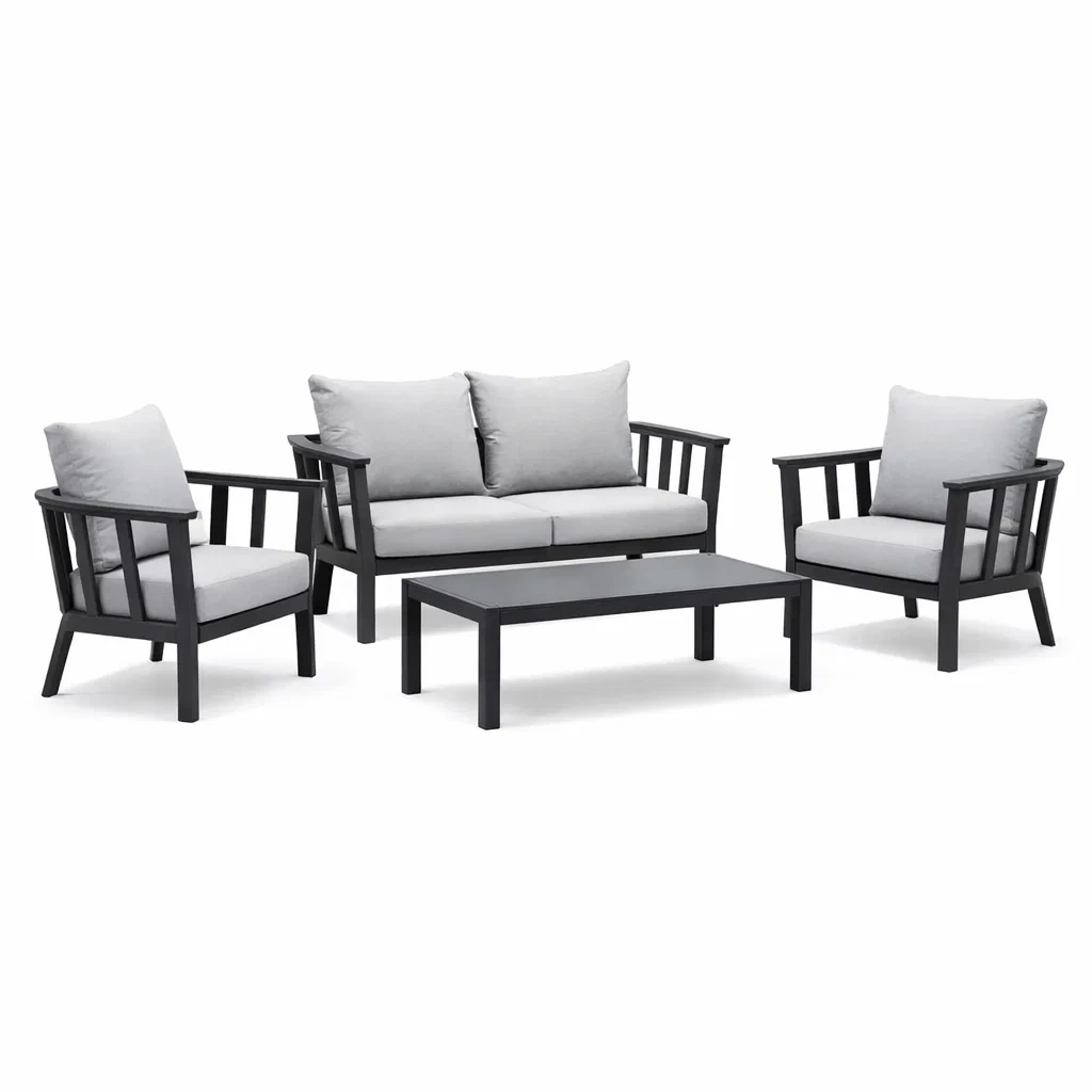 Gartenmöbel Set Aluminium Schwarz Grau mit Sofa, Sesseln und Tisch-furnzora