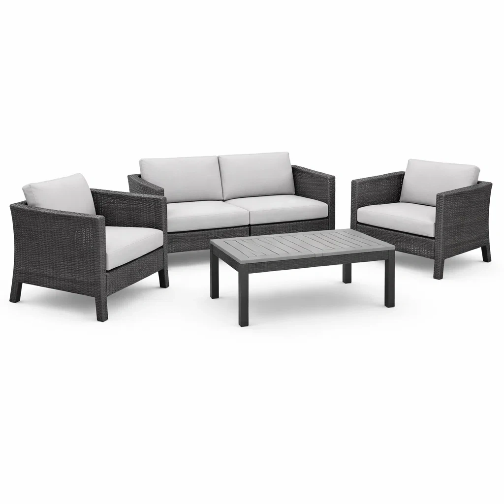 Polyrattan Gartenmöbel Set mit Sesseln, Sofa und Tisch, Grau-furnzora