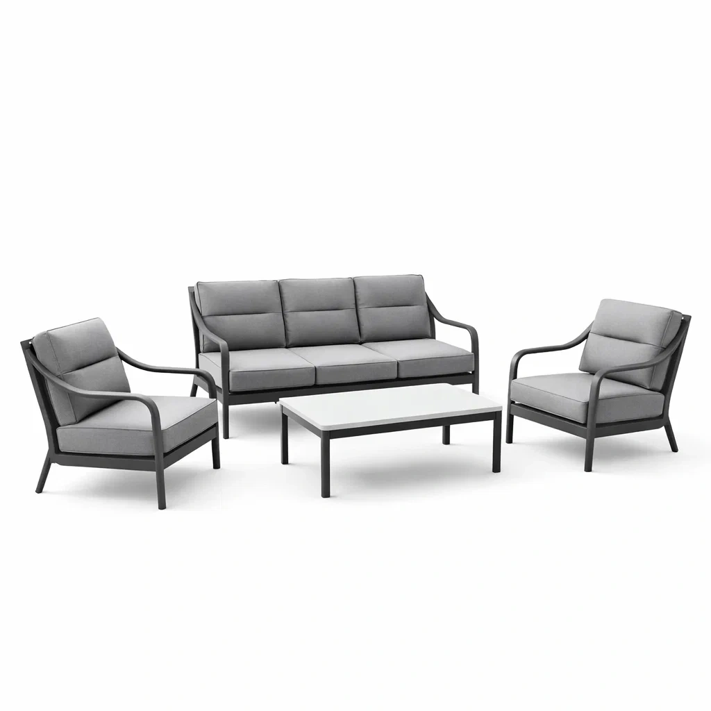 Gartenmöbel Set aus Aluminium mit 3-Sitzer Sofa, 2 Sesseln und Tisch, Grau-furnzora