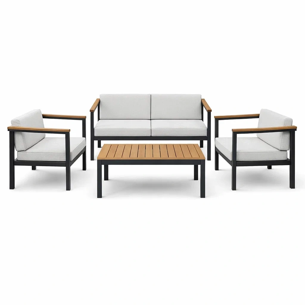 Gartenmöbel-Set aus Aluminium und Holz mit grauen Polstern-furnzora