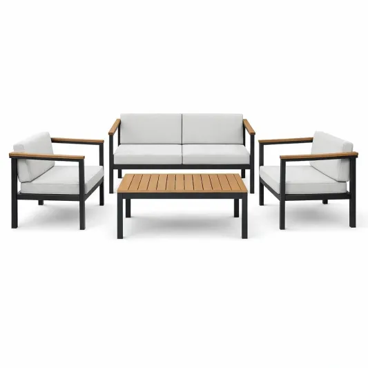 Gartenmöbel-Set aus Aluminium und Holz mit grauen Polstern-furnzora
