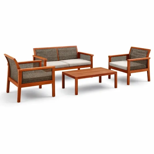 Gartenmöbel Set aus Akazienholz und Polyrattan mit Polyesterkissen-furnzora