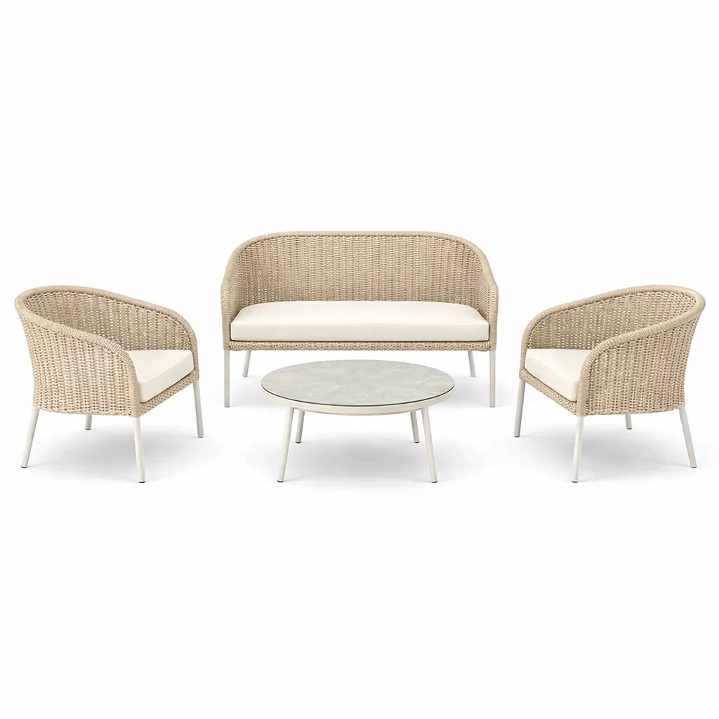 Rattan Gartenmöbel-Set mit Tisch, 2 Sesseln und Sofa, Beige-furnzora