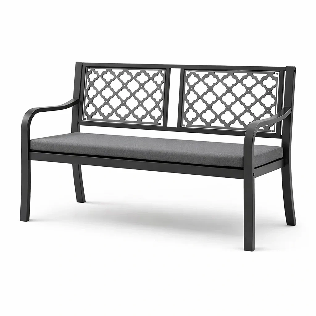 Metall Gartenbank Schwarz mit Rückenlehne und Sitzpolster 127cm-furnzora