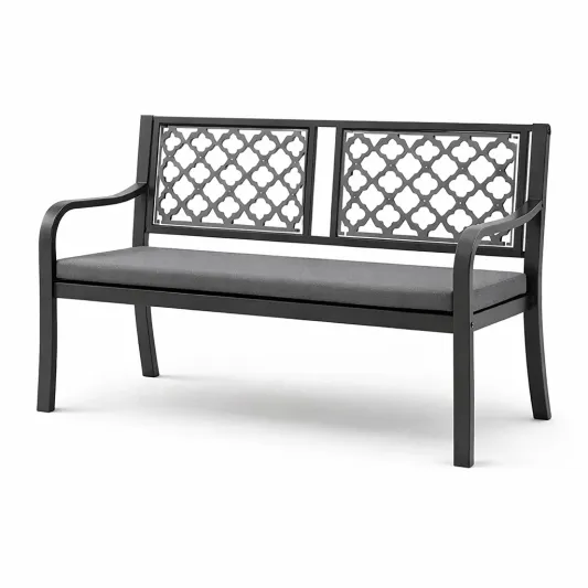 Metall Gartenbank Schwarz mit Rückenlehne und Sitzpolster 127cm-furnzora