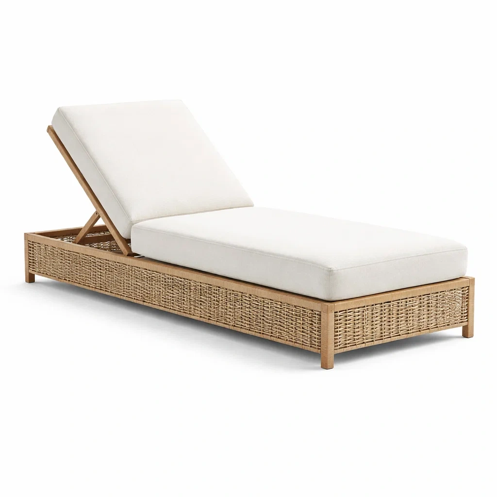 Sonnenliege aus Eukalyptusholz und Rattan mit verstellbarem Rückenteil-furnzora