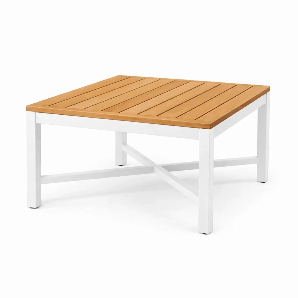 Quadratischer Aluminiumtisch mit Akazienholzplatte 90x90x45cm-furnzora