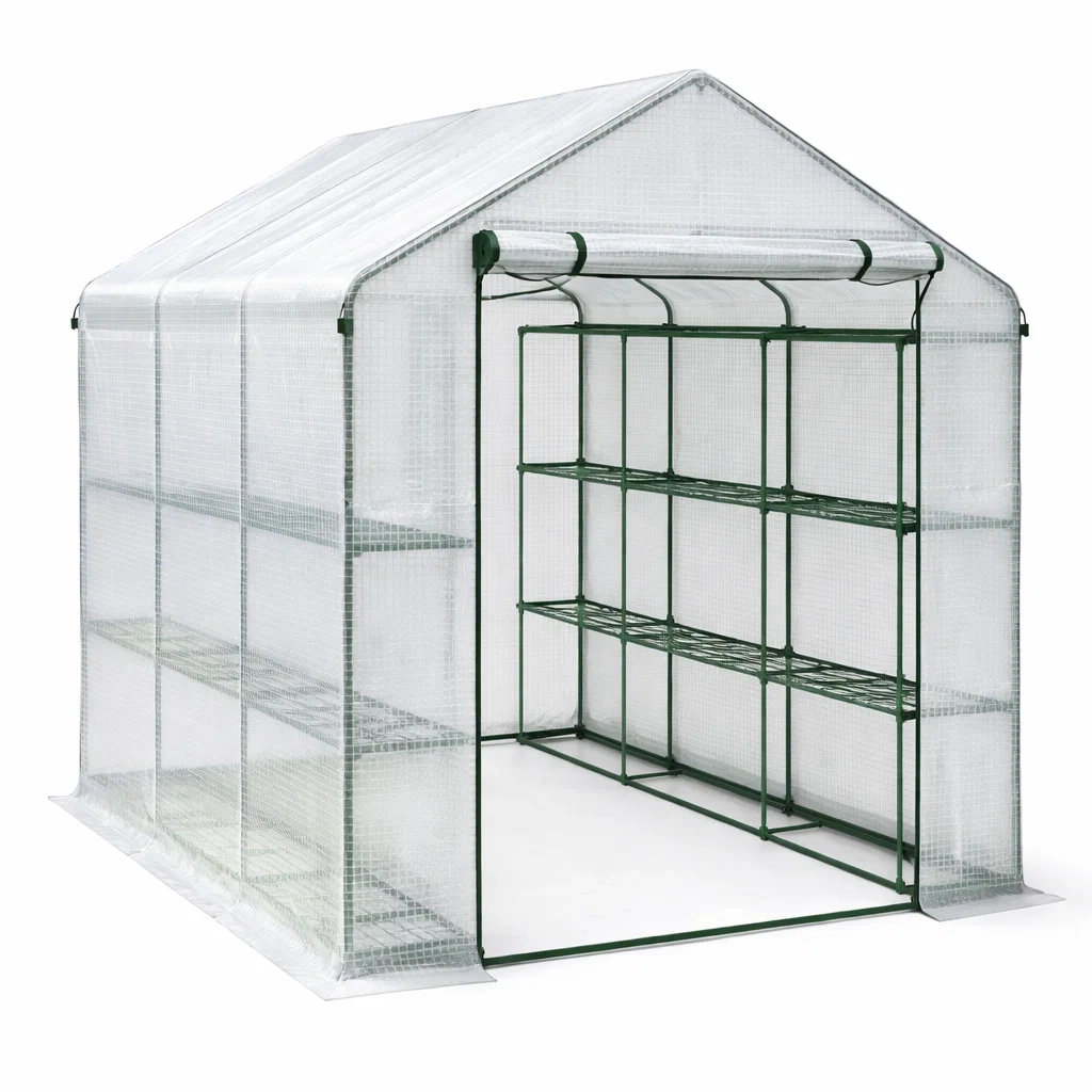 Gewächshaus aus Stahl mit PE-Abdeckung, 143x73x195 cm, Transparent/Grün-furnzina