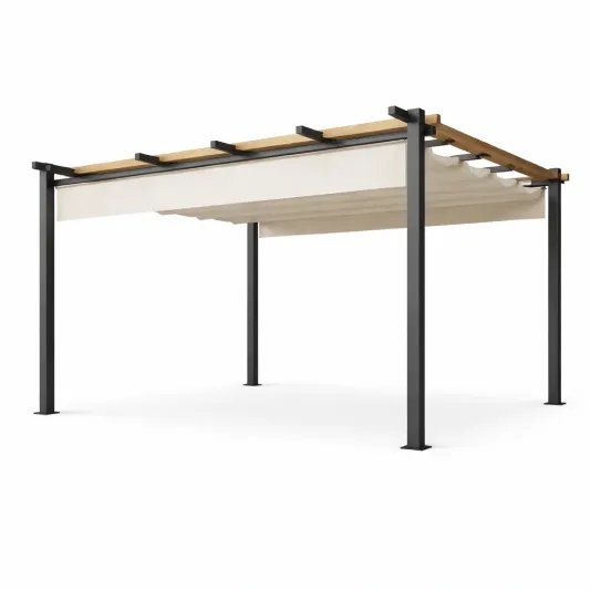 Pergola mit einziehbarem Sonnenschutz 300x300 cm Stahl/Polyester Schwarz/Creme-furnzina