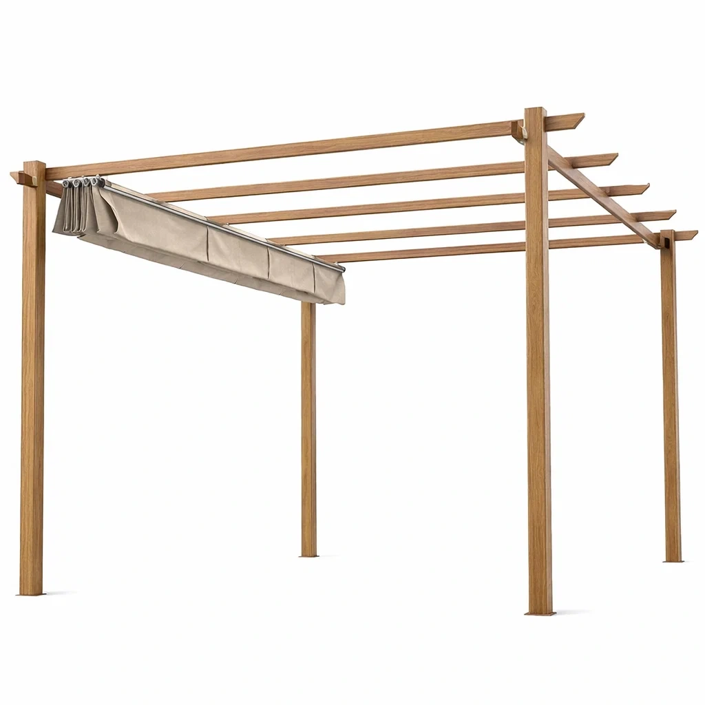 Holzpergola mit einziehbarem Sonnendach aus Eichenholz Beige 300x300x235 cm-furnzina