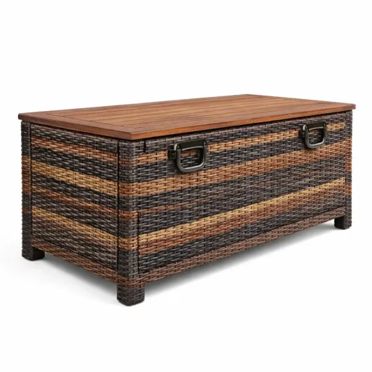 Garten Aufbewahrungsbox aus Poly Rattan und Akazienholz, Braun, 120x50x50 cm-furnzina