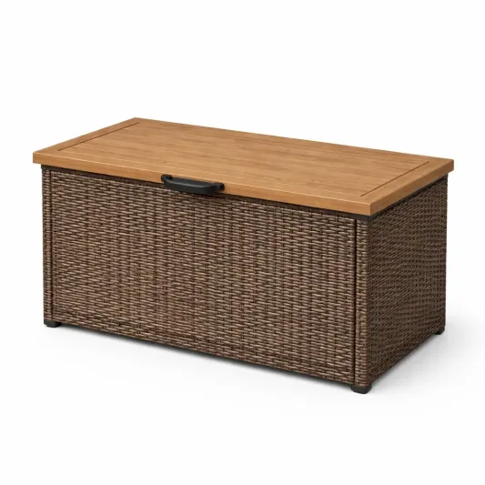Aufbewahrungsbox aus Polyethylen-Rattan mit Massivholzdeckel 120cm x 50cm x 60cm-furnzina
