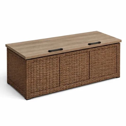 Rattanoptik Gartenbox Braun mit Holzverbundstoff Deckel-furnzina