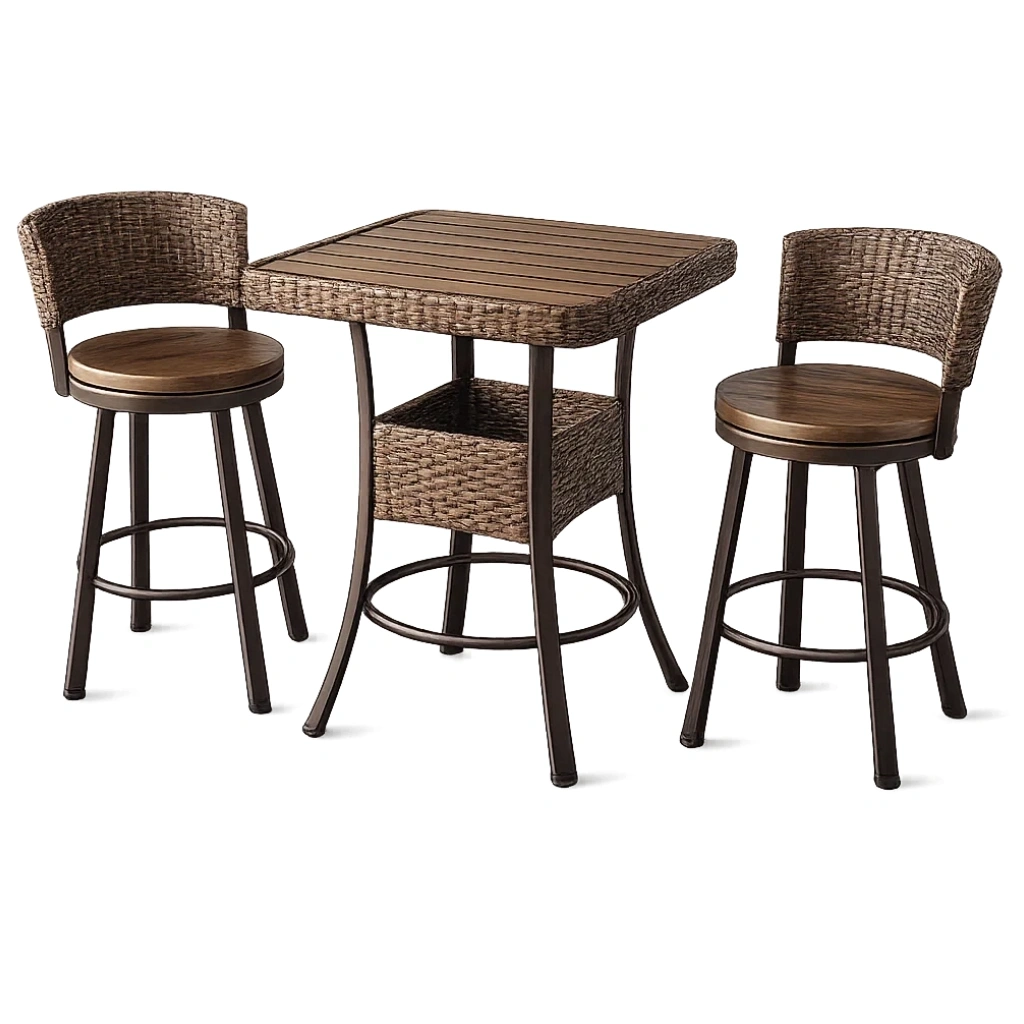 3-teiliges Outdoor-Bar-Set Stahl Rattan Braun mit Tisch und 2 Barhockern-furnzina