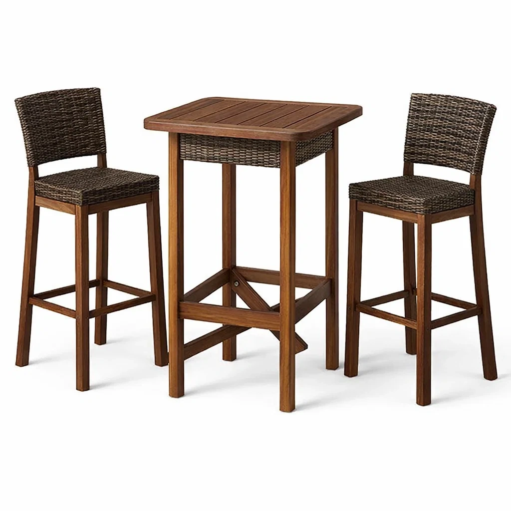 Bartisch-Set aus Akazienholz und Polyethylen-Geflecht, 3-teilig-furnzina