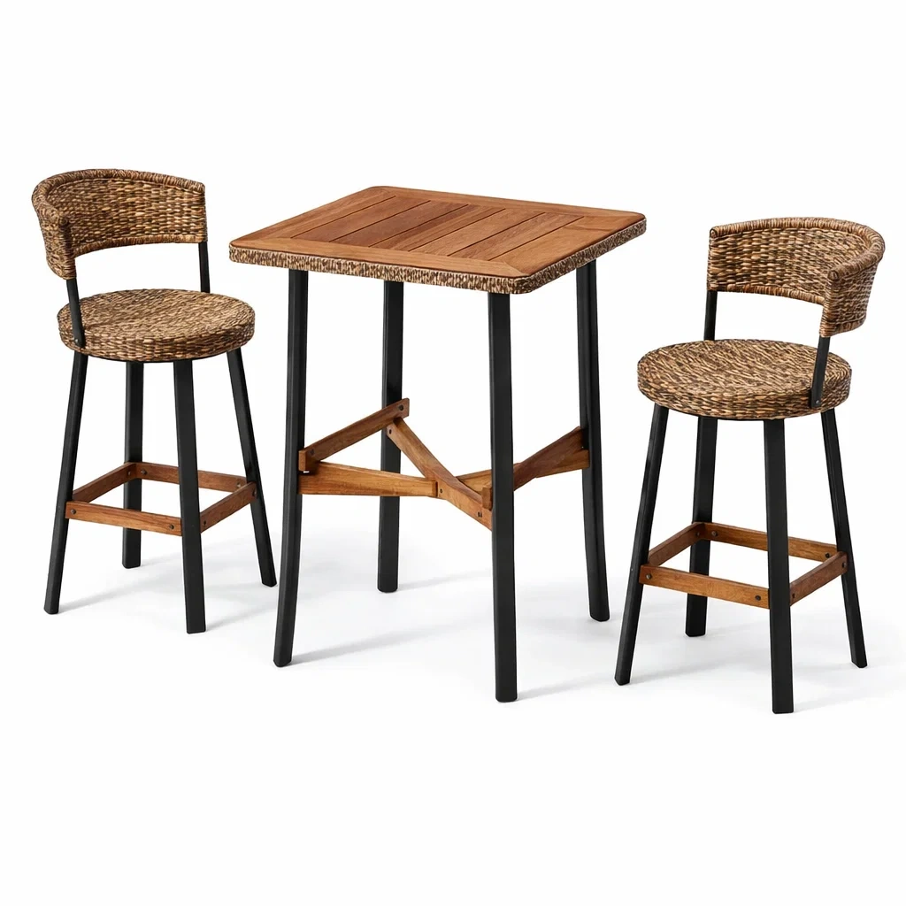 Bistro-Set aus Akazienholz und Stahl mit Tisch und 2 Barhockern-furnzina
