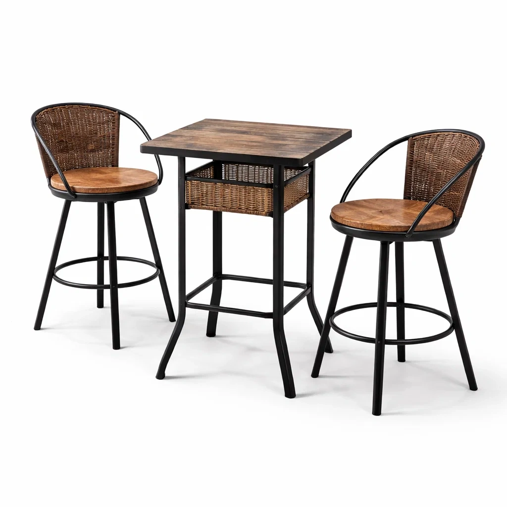 Bistrotisch-Set aus Massivholz mit 2 Stühlen, Stahlrahmen-furnzina