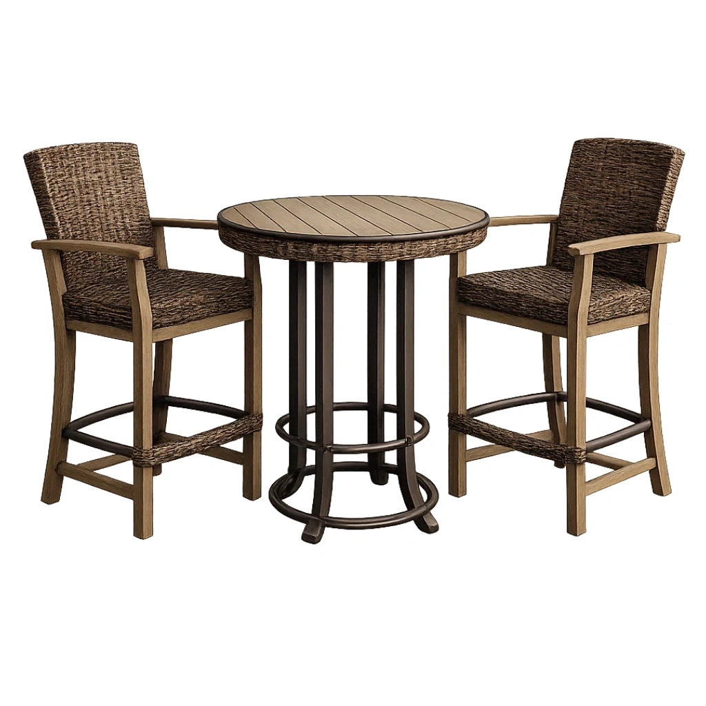 Outdoor Bar-Set aus Holz und Rattan mit 2 Stühlen und rundem Tisch-furnzina