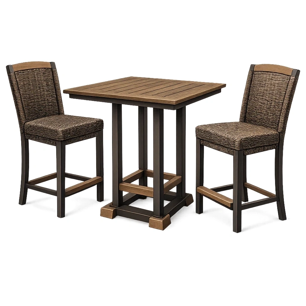Bistrotisch-Set mit Polyrattan-Stühlen, Holzimitat und Metallgestell, Braun-furnzina