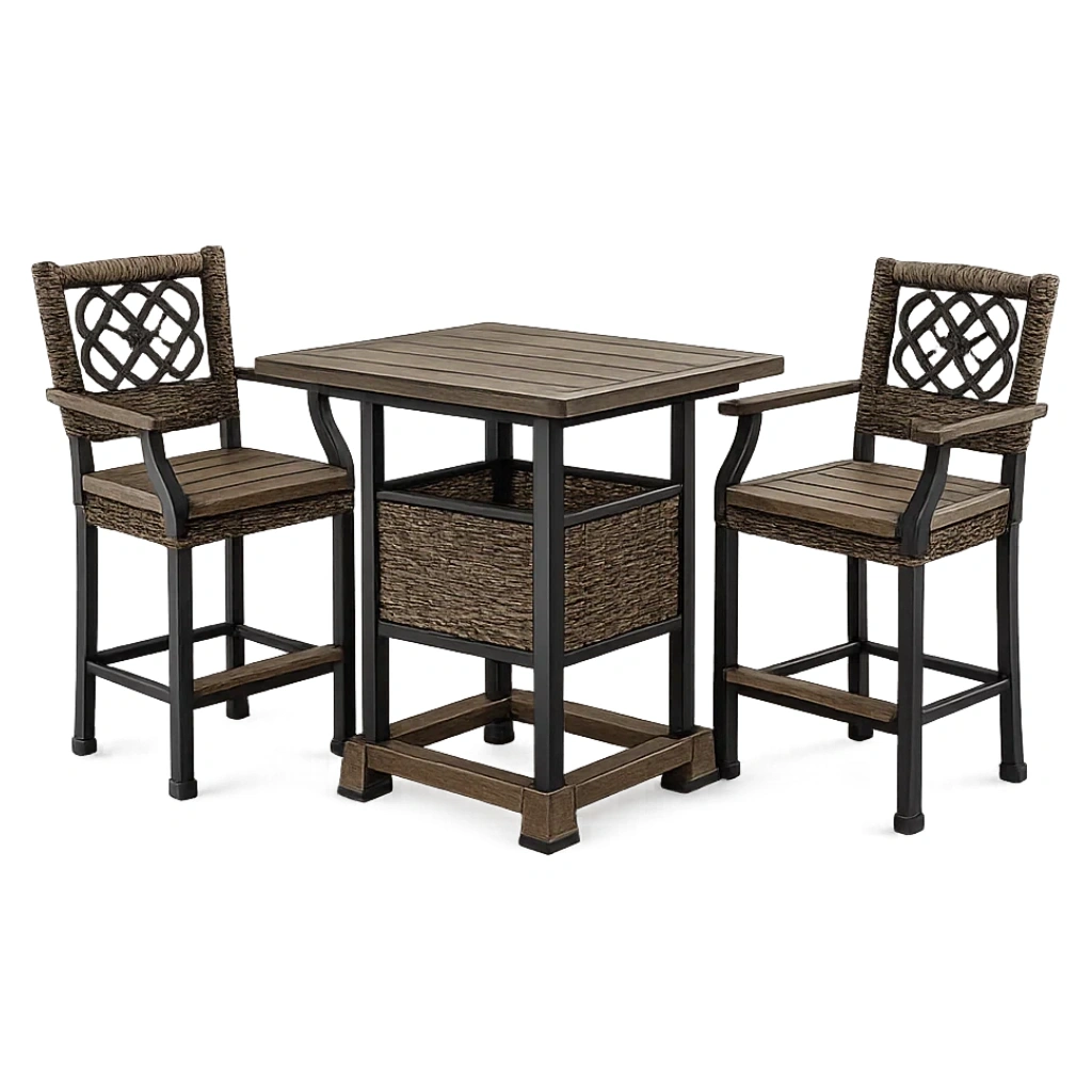 Polywood und Stahl Gartenmöbel-Set, quadratischer Tisch mit 2 Stühlen, Braun-furnzina