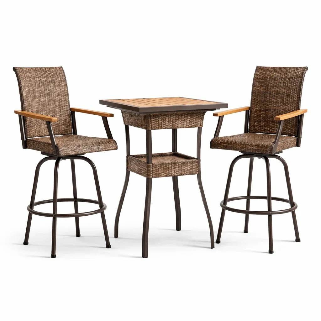 Bistro-Set aus Rattan und Stahl mit 2 Barhockern und Tisch Braun-furnzina