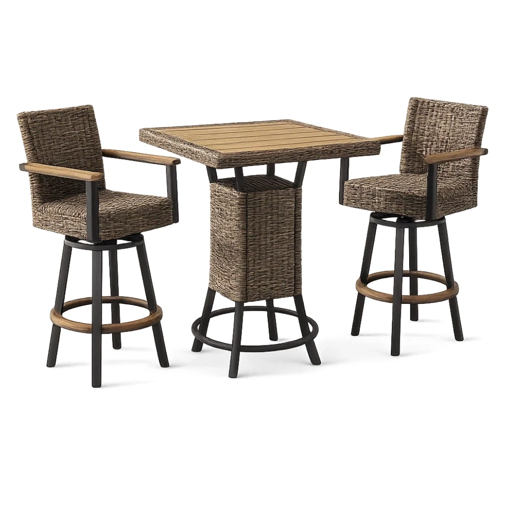 Polyrattan Bar-Set mit Tisch und 2 Barhockern aus Akazienholz in Naturbraun-furnzina