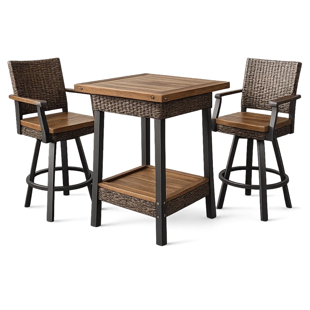 Bar-Esstisch Set mit 2 drehbaren Hockern aus Holz und Rattan-furnzina