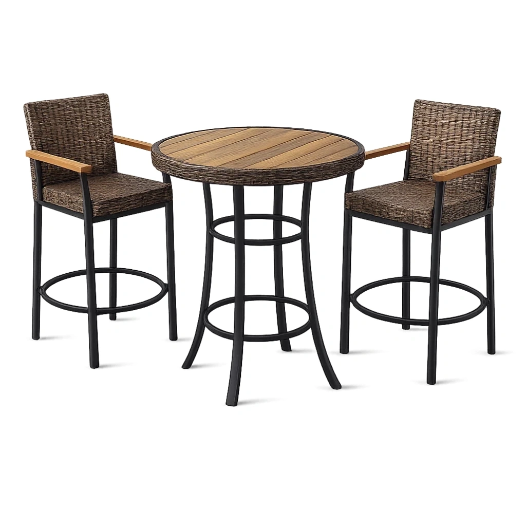 Outdoor-Bistro-Set mit Metall und Poly-Rattan, rundem Tisch und 2 Barhockern, Braun-furnzina