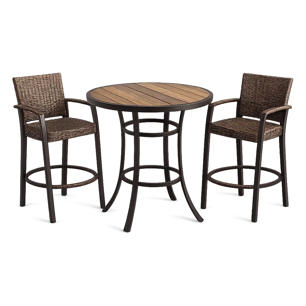 Bar-Set mit Tisch aus Holzimitat und 2 Hochstühlen aus Polyrattan, Tisch Ø 80 cm-furnzina