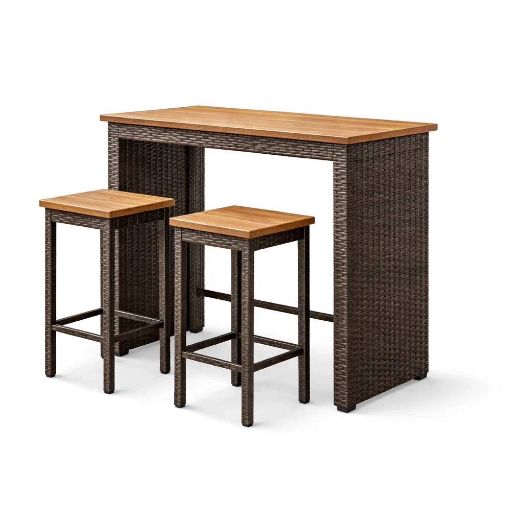 Bartisch Set aus Rattan mit Holztischplatte Braun 120x60x105cm-furnzina