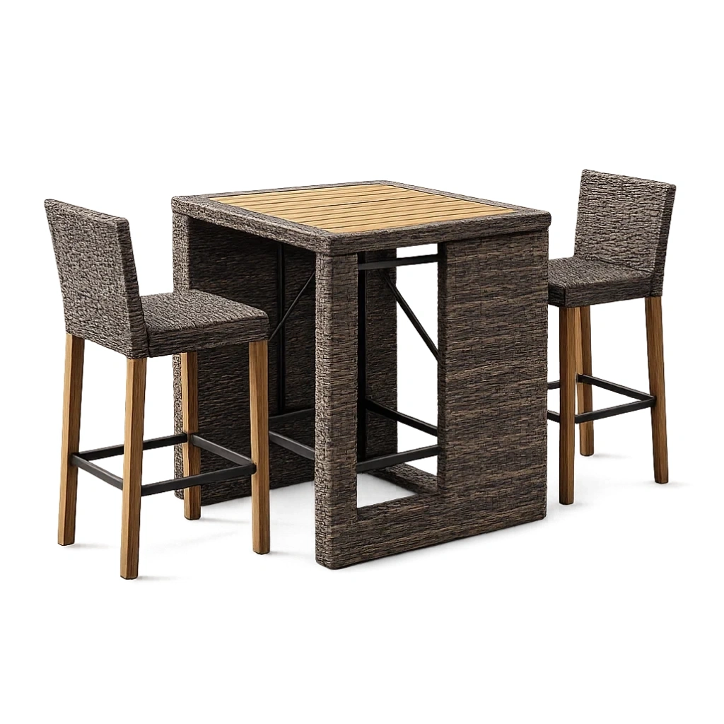 Gartenbar-Set mit Hockern aus Rattan und Holz, Braun-furnzina