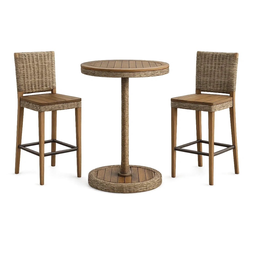 Bistro-Set aus Akazienholz und Polyrattan mit 2 Hochstühlen-furnzina