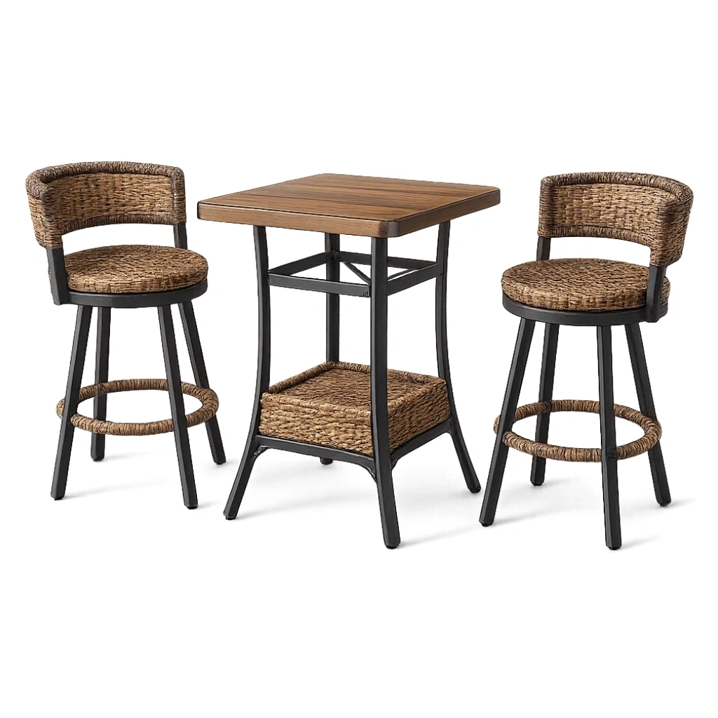 3-teiliges Bar-Set aus Stahl, Akazienholz und Rattan mit Esstisch und Drehstühlen-furnzina