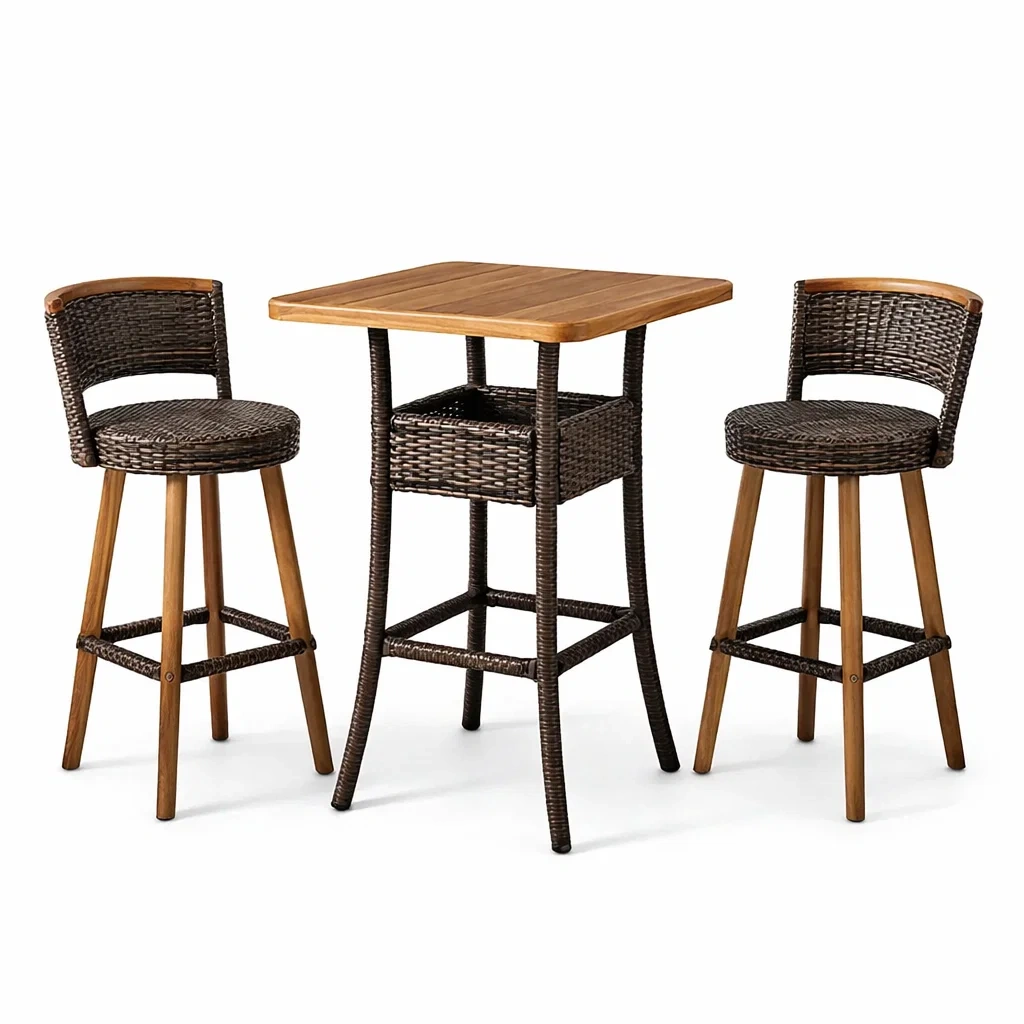 Akazienholz-Barset mit PE-Rattan und 2 Barhockern-furnzina