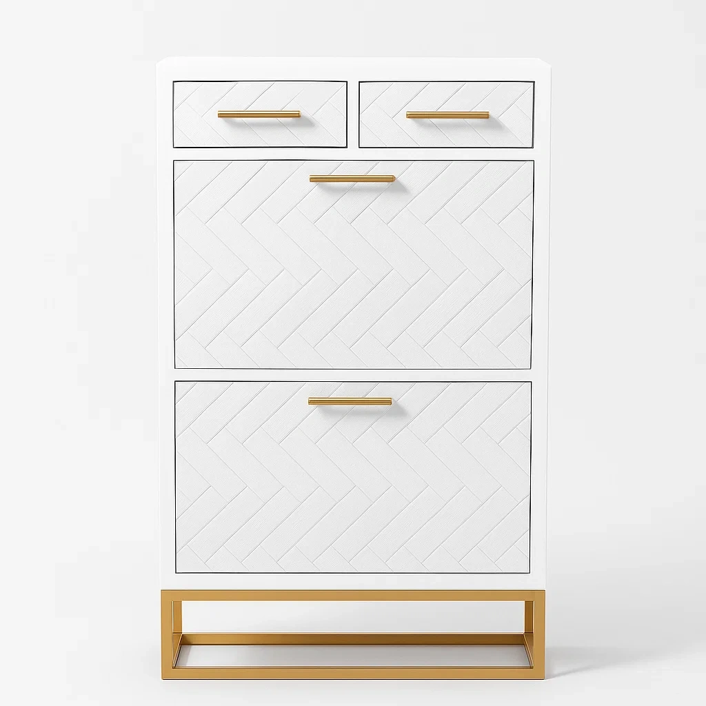 Weißer MDF-Schrank mit goldenen Metallgriffen-meuboveta