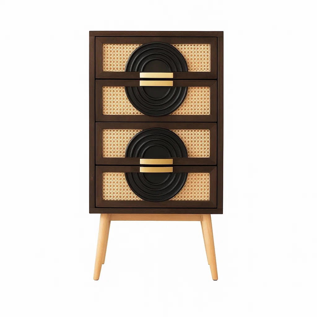 Kommode mit 3 Schubladen aus Holz und Rattan in Dunkelbraun-meuboveta