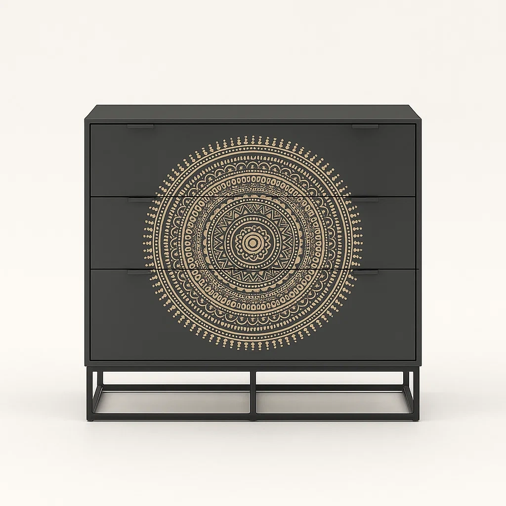 Schwarze Kommode mit Mandala-Muster, MDF und Metall, 3 Schubladen-meuboveta