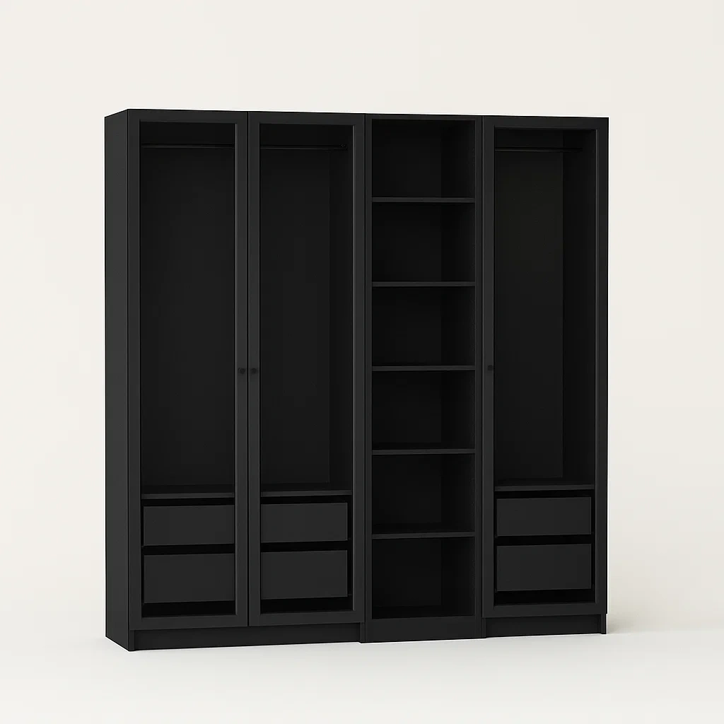 Schwarzer Kleiderschrank aus Holzwerkstoff mit Schubladen und Regalen, 200x220x60 cm-meuboveta