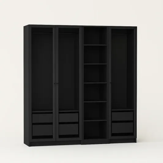 Schwarzer Kleiderschrank aus Holzwerkstoff mit Schubladen und Regalen, 200x220x60 cm-meuboveta
