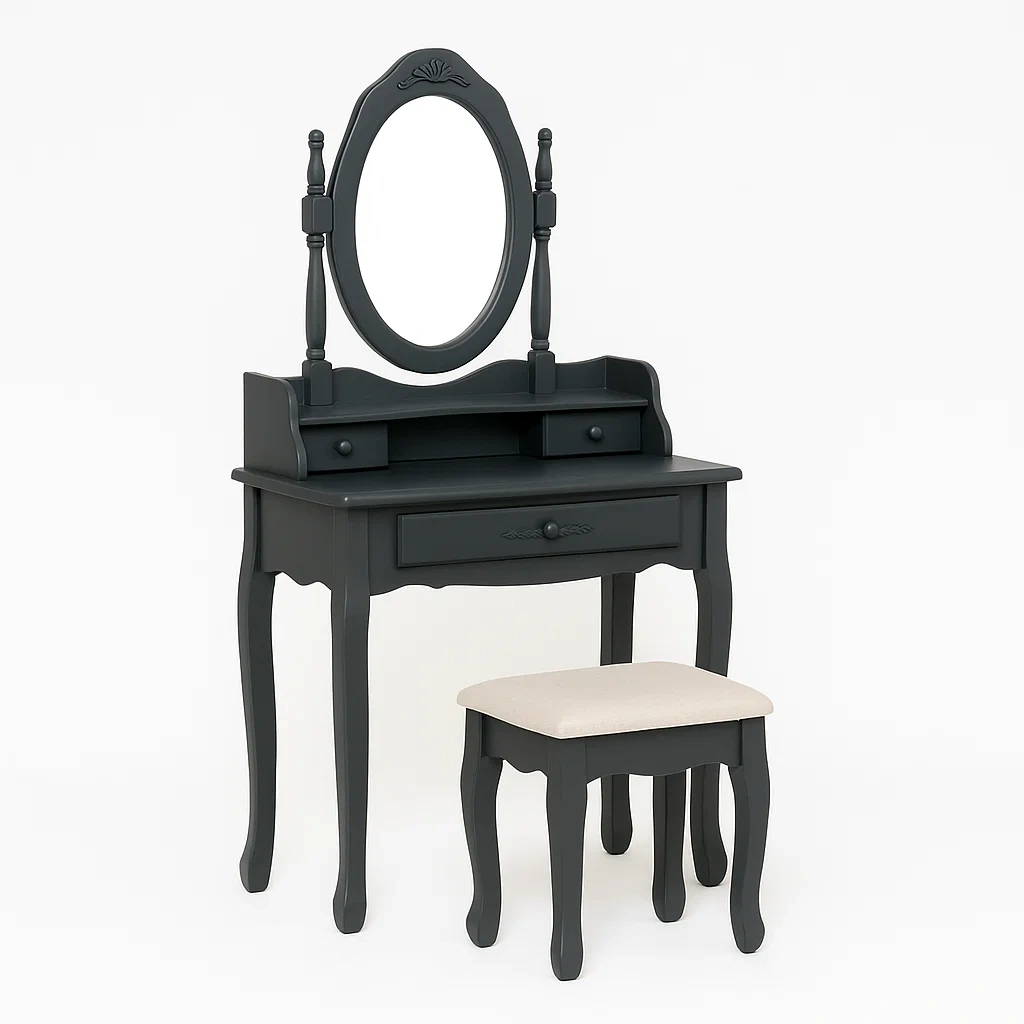 Schminktisch Set mit Spiegel und Hocker, Schwarzes Holz-meuboveta
