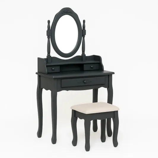 Schminktisch Set mit Spiegel und Hocker, Schwarzes Holz-meuboveta