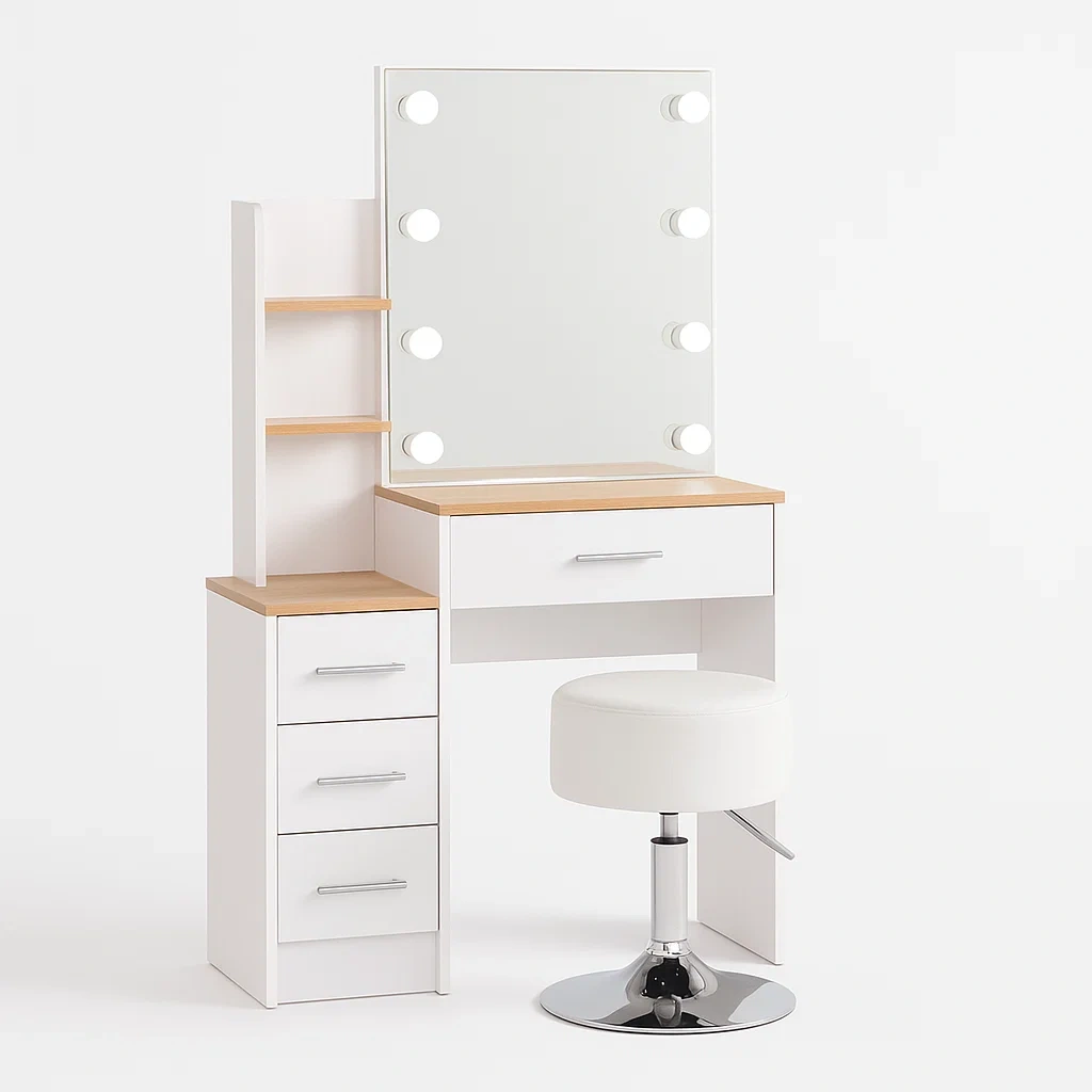Frisierkommode mit Spiegelbeleuchtung, Weiß und Holzoptik, inkl. Hocker-meuboveta