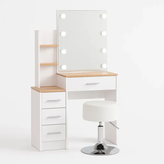 Frisierkommode mit Spiegelbeleuchtung, Weiß und Holzoptik, inkl. Hocker-meuboveta