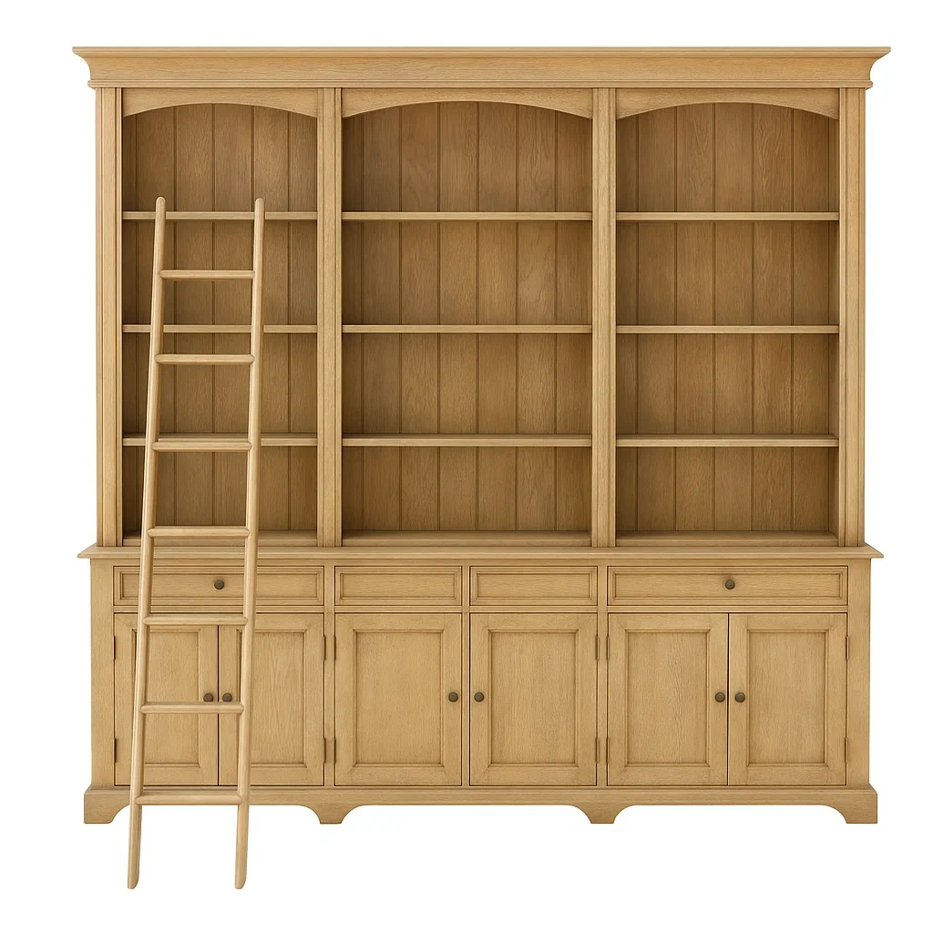 Eichenholz Bücherregal mit Leiter und Schränken, 240 cm Höhe-meuboveta